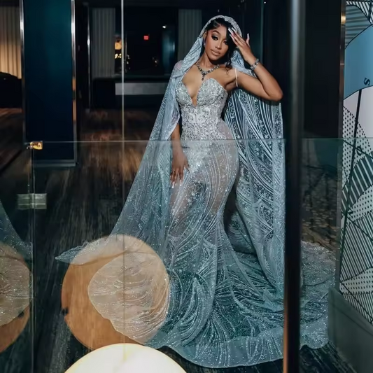 Luxury Crystal Prom Dresses With Cloak 2025 Black Girls Beading Mermaid Party Gowns See Through African Evening Dress Customized