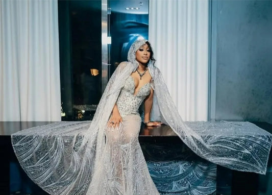 Luxury Crystal Prom Dresses With Cloak 2025 Black Girls Beading Mermaid Party Gowns See Through African Evening Dress Customized