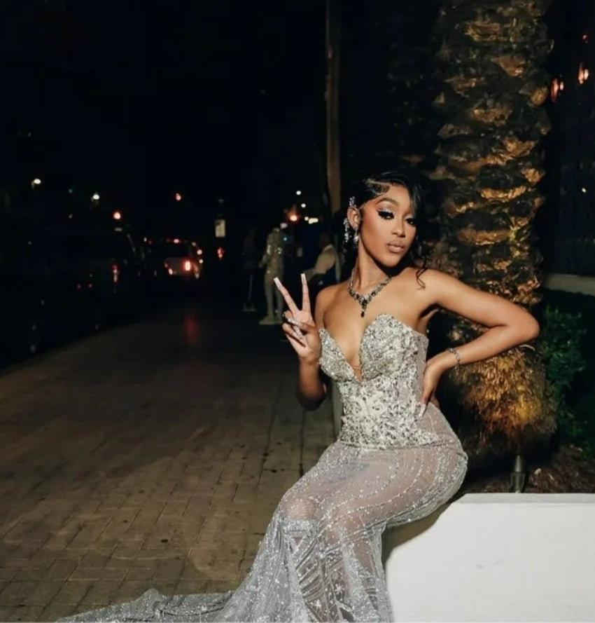 Luxury Crystal Prom Dresses With Cloak 2025 Black Girls Beading Mermaid Party Gowns See Through African Evening Dress Customized