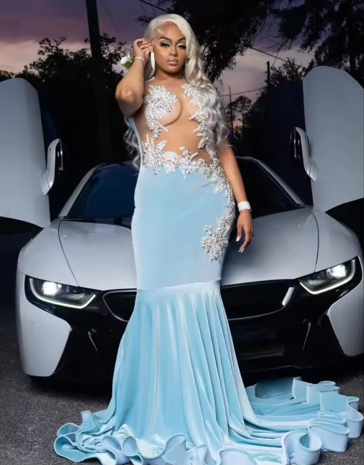 Sky Blue Velvet African Prom Dress for Women Sheer Mesh Luxury Pearls Applique Black Girl Evening Reception Birthday Gown