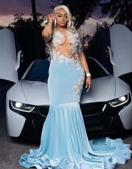 Sky Blue Velvet African Prom Dress for Women Sheer Mesh Luxury Pearls Applique Black Girl Evening Reception Birthday Gown