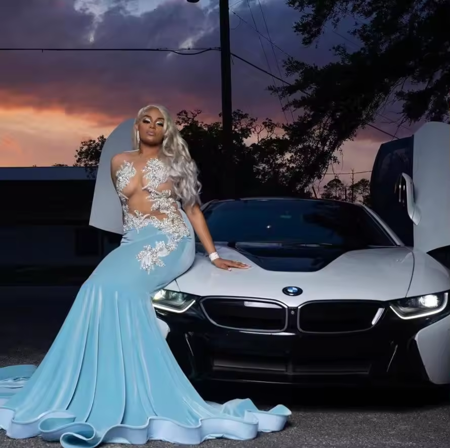 Sky Blue Velvet African Prom Dress for Women Sheer Mesh Luxury Pearls Applique Black Girl Evening Reception Birthday Gown