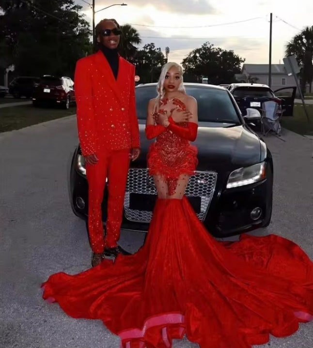 Sparkling Red Cocktail Dress Black Girls Sexy Beaded Sequins Birthday Party Dresses New Rhinestone Feather Gloves Evening Gowns