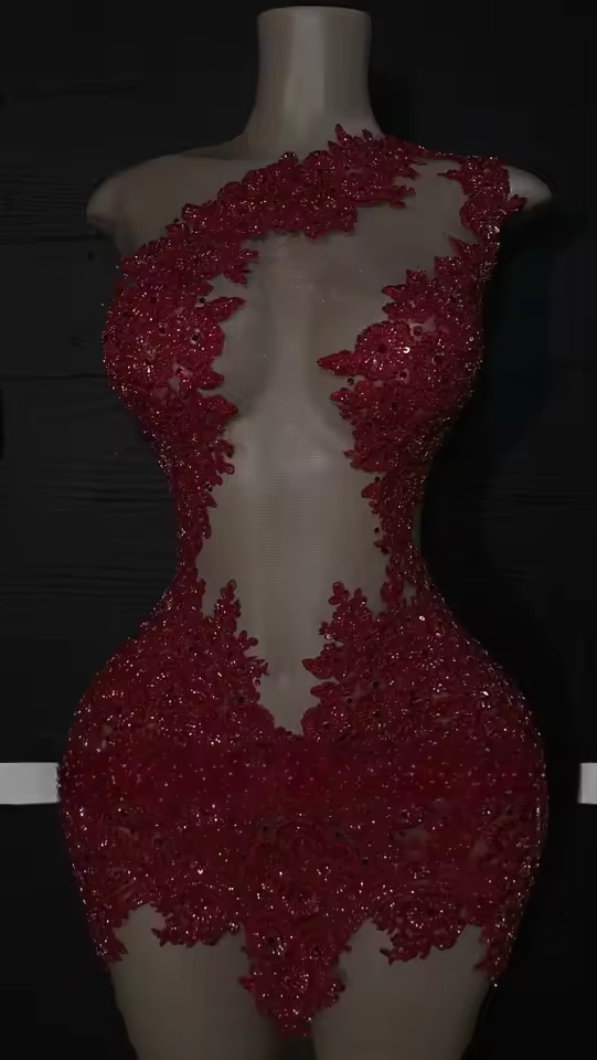 Sexy Red Birthday Dresses For Black Girl Sheer Neck Lace Applique Party Outfits Short vestidos de gala Customized