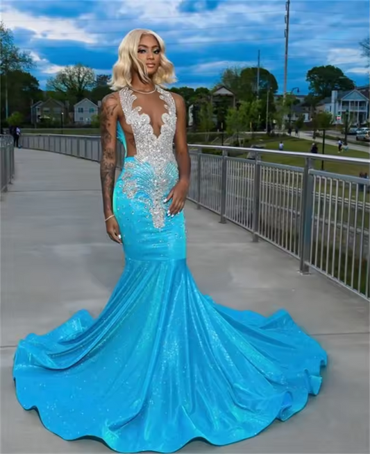 New Arrival 2025 Shining Blue Prom Dresses For Black Girls Bead Diamonds Evening Dress Birthday Party Gown Customized