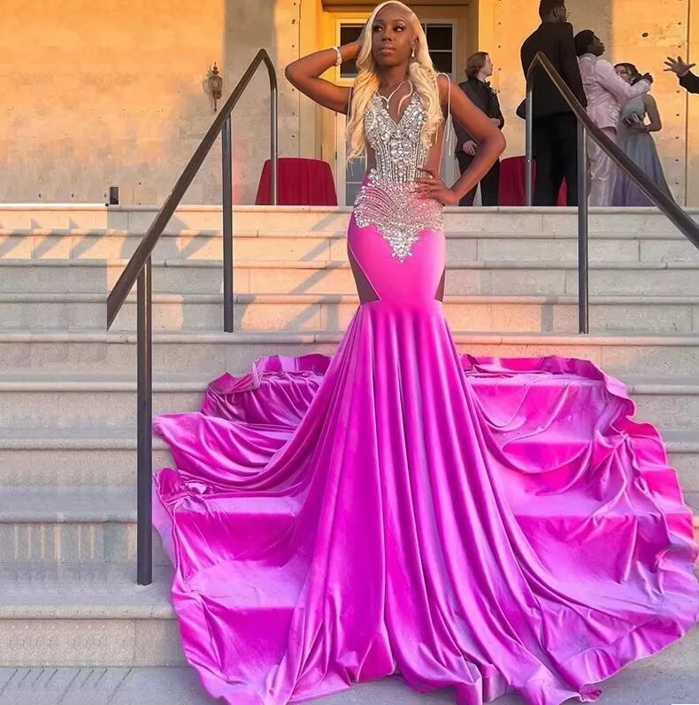 Fuchsia Pink Velvet Mermaid Prom Dresses African Women Glitter Crystals Beads Black Girls Long aso ebi Evening Occasion Gowns