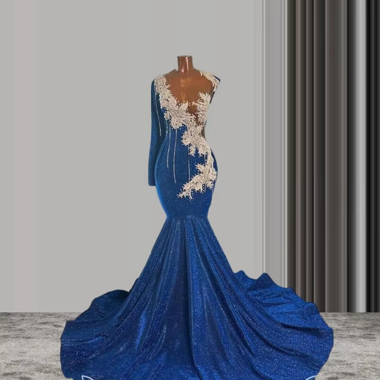 Blue Glitter Long Mermaid Evening Dress for Women Sparkly Tassel Applique Pearls Black Girl Prom Gala Birthday Gown