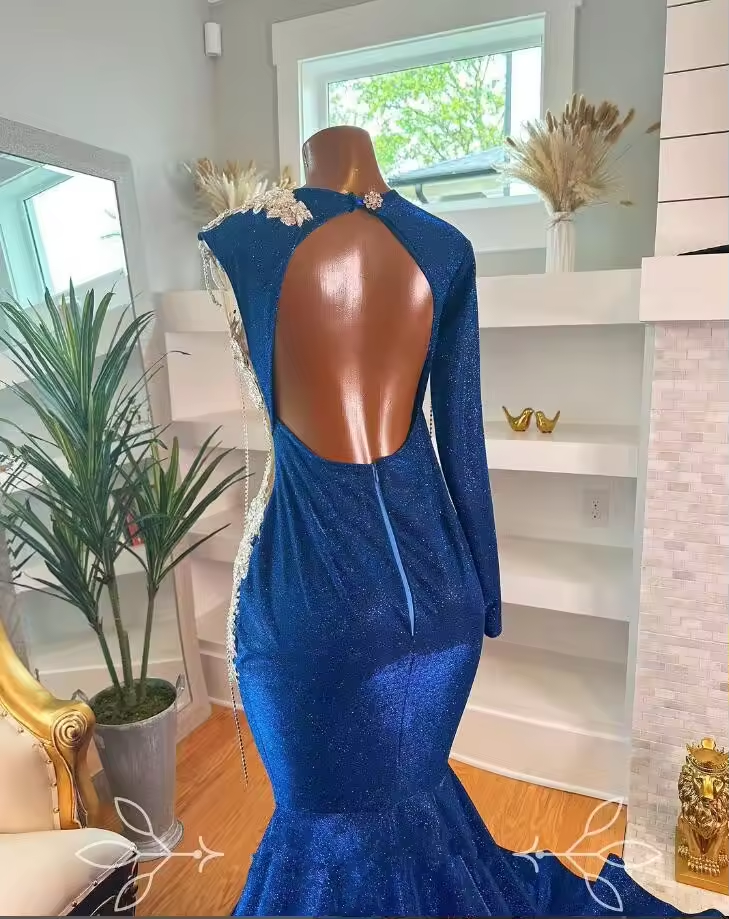 Blue Glitter Long Mermaid Evening Dress for Women Sparkly Tassel Applique Pearls Black Girl Prom Gala Birthday Gown