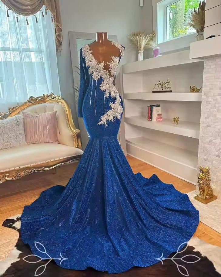 Blue Glitter Long Mermaid Evening Dress for Women Sparkly Tassel Applique Pearls Black Girl Prom Gala Birthday Gown