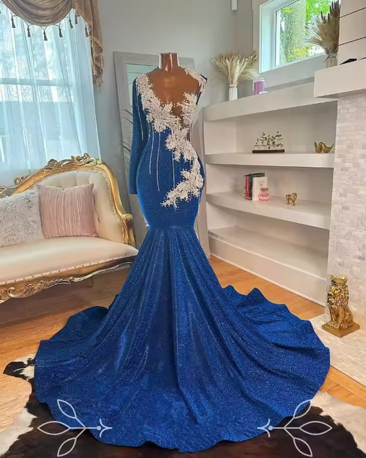 Blue Glitter Long Mermaid Evening Dress for Women Sparkly Tassel Applique Pearls Black Girl Prom Gala Birthday Gown