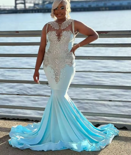 Sky Blue Exquisite Cocktail Dress Sparkling Rhinestone Beaded Tassel Party Gowns Black Girls Elegant Ruffle Pleated Dresses