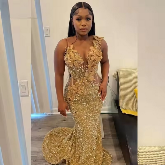 Customized 2025 Gold Long Mermaid Prom Dress For Black Girls Crystal Evening Party Dress Formal Sleeveless vestidos de gala