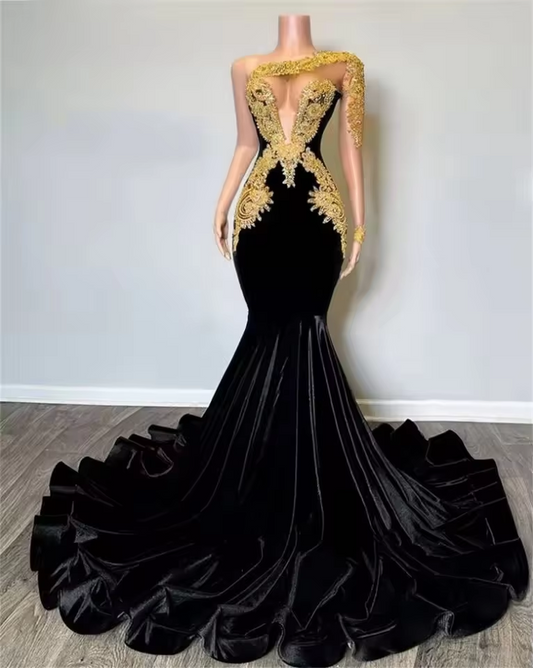Luxury Black Velour Mermaid Prom Dress One Shoulder Beading Gold Crystal Rhinestone Birthday Dress Women Evening Gown Customized