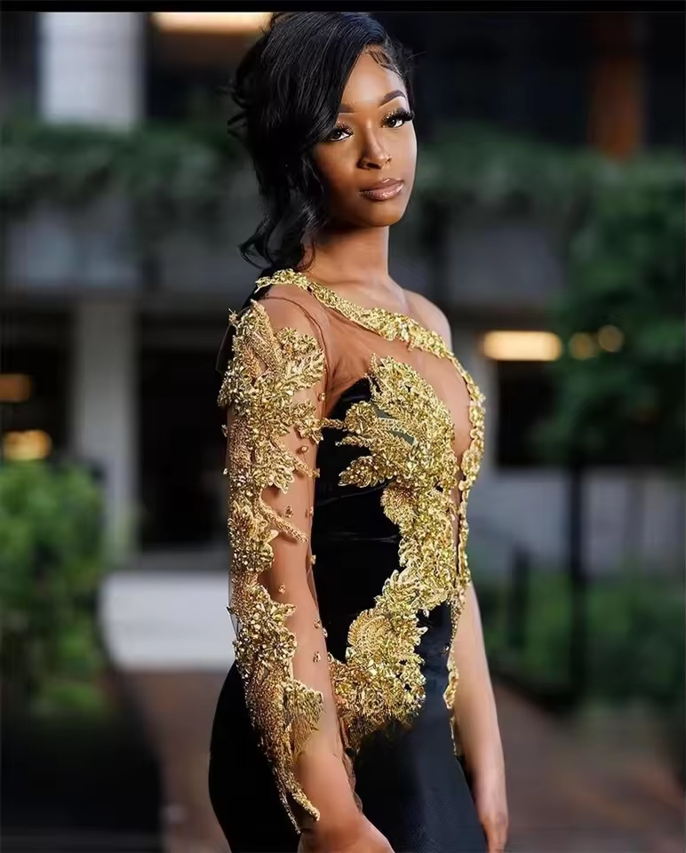 Luxury Black Velour Mermaid Prom Dress One Shoulder Beading Gold Crystal Rhinestone Birthday Dress Women Evening Gown Customized