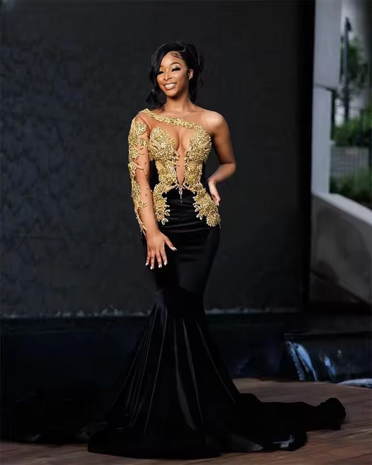 Luxury Black Velour Mermaid Prom Dress One Shoulder Beading Gold Crystal Rhinestone Birthday Dress Women Evening Gown Customized