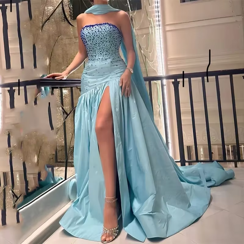 Strapless Prom Dresses A-Line Plus size Formal Dress Sleeveless Evening Gown Beading Open Leg Party Gowns customized 2025