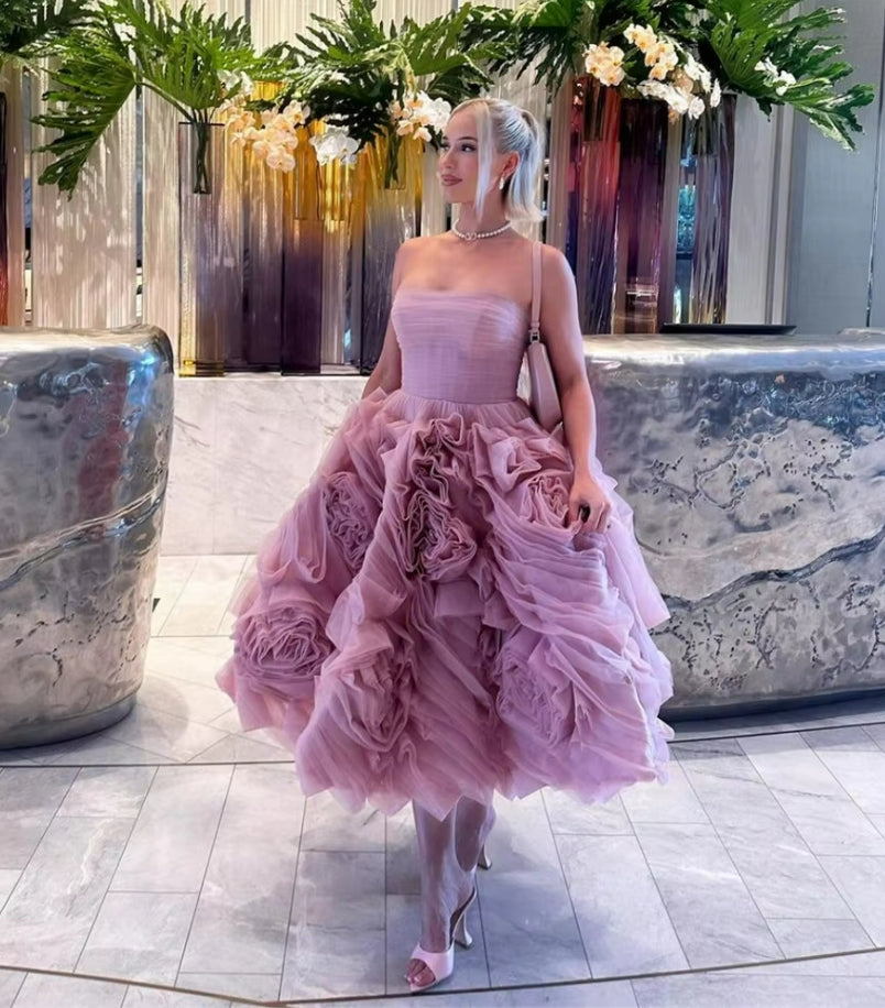 Tulle Floral A-Line robes de soirée Ankle-Length Strapless Sleeveless Evening Dresses Valentines Day Formal Wedding Dress