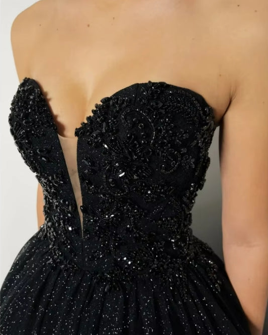 Black Glitter Strapless Wedding Dresses Mesh Fabric A-line Sleeveless vestidos de noche Floor-Length Evening Dresses