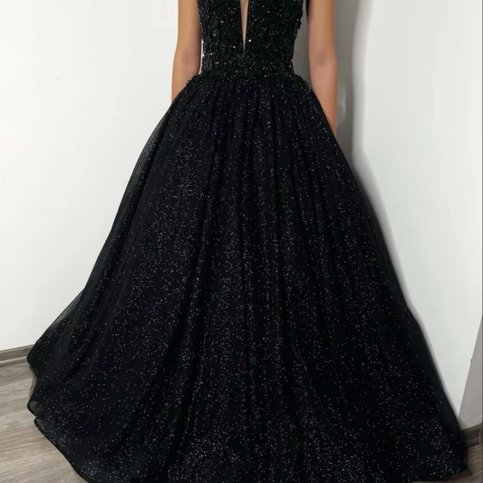 Black Glitter Strapless Wedding Dresses Mesh Fabric A-line Sleeveless vestidos de noche Floor-Length Evening Dresses