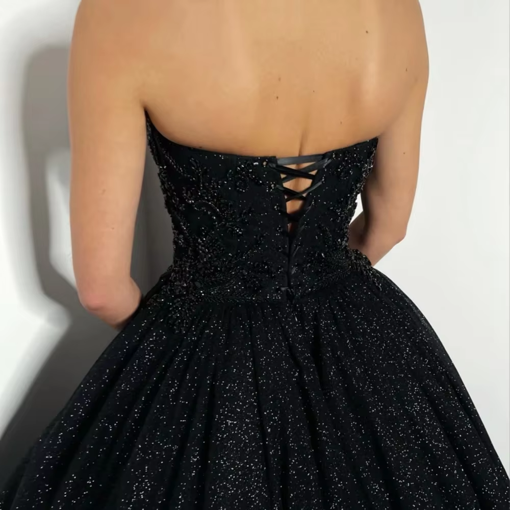 Black Glitter Strapless Wedding Dresses Mesh Fabric A-line Sleeveless vestidos de noche Floor-Length Evening Dresses