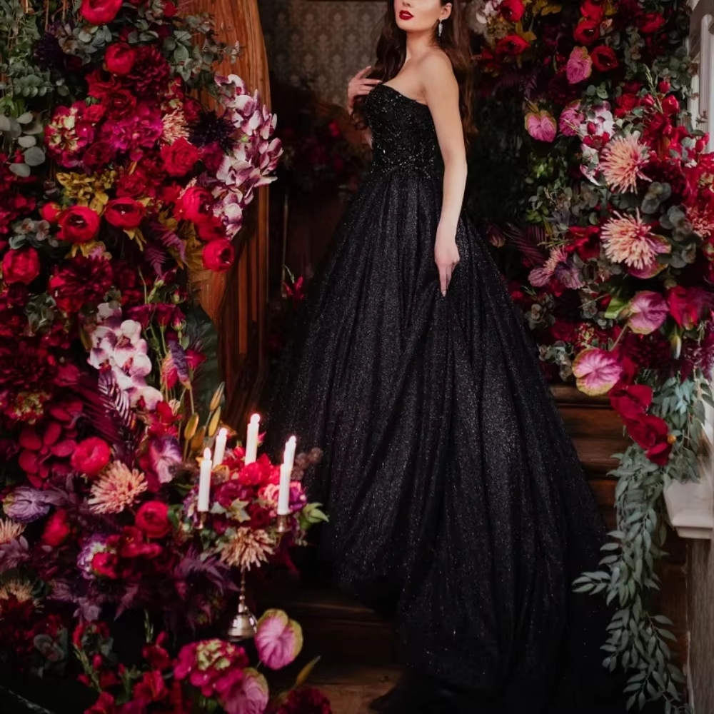 Black Glitter Strapless Wedding Dresses Mesh Fabric A-line Sleeveless vestidos de noche Floor-Length Evening Dresses