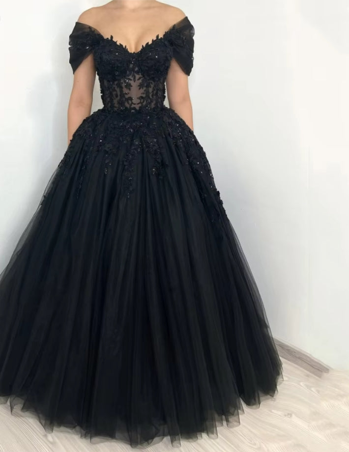 Black Prom Dresses Embroidery A-shaped Prom Dresses Off-the-shoulder Tulle Princess Graduation Party Dresses Customized