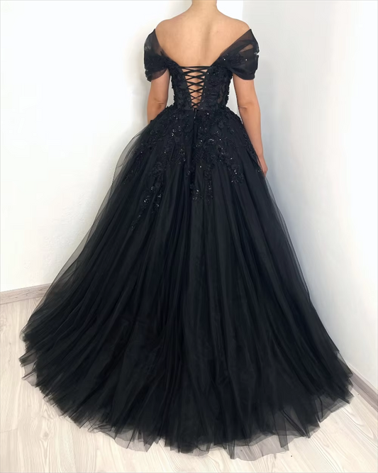Black Prom Dresses Embroidery A-shaped Prom Dresses Off-the-shoulder Tulle Princess Graduation Party Dresses Customized