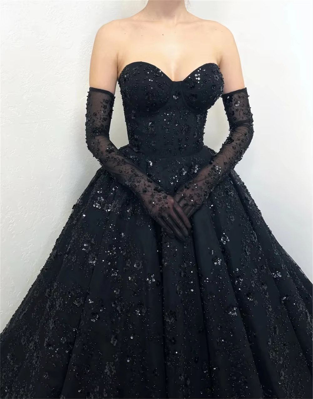 Gorgeous Shiny Lace Prom Dress Black Sweetheart Ball Gown Vestidos De Fiesta Shiny Flowert Wedding Dress