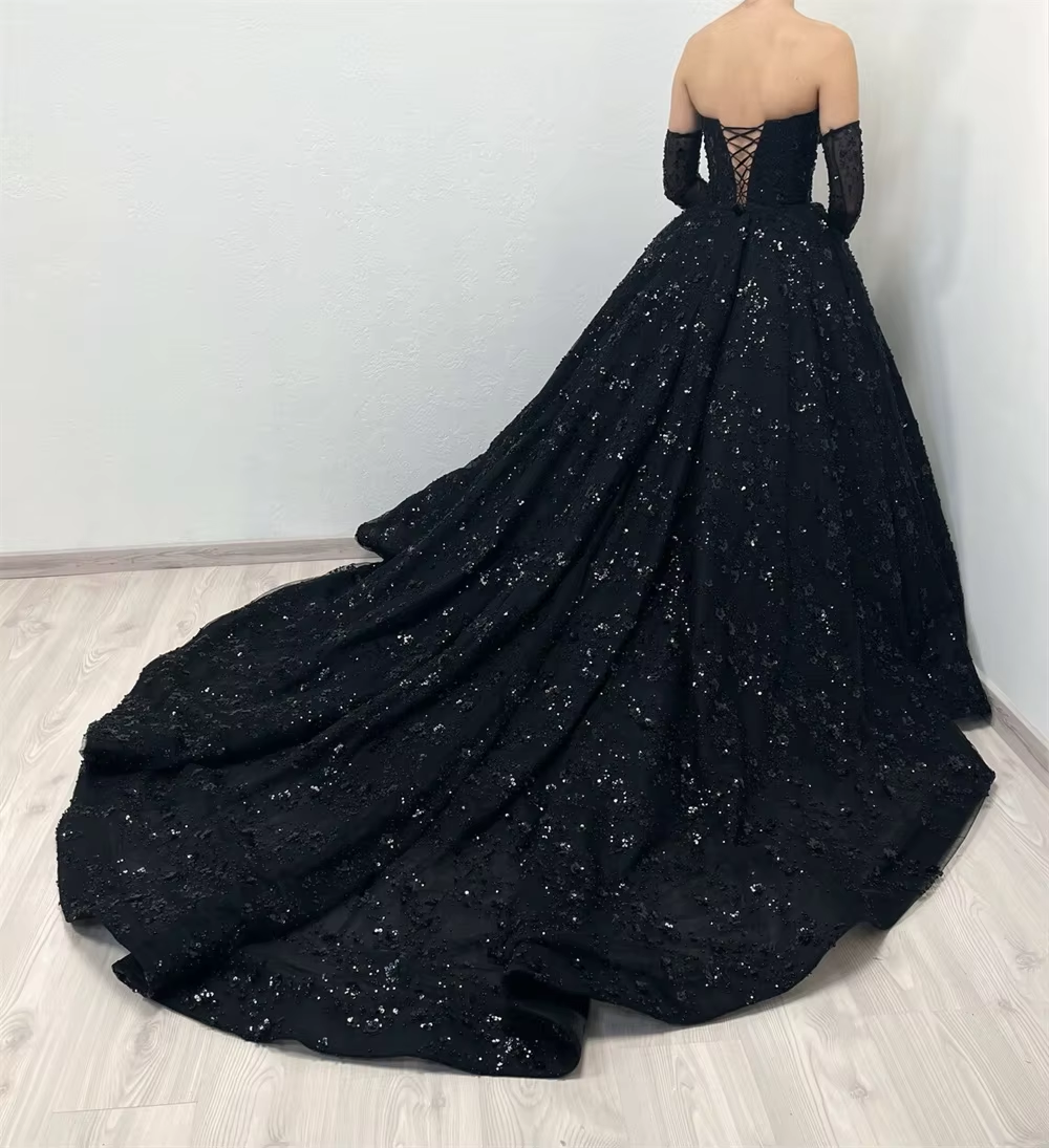 Gorgeous Shiny Lace Prom Dress Black Sweetheart Ball Gown Vestidos De Fiesta Shiny Flowert Wedding Dress