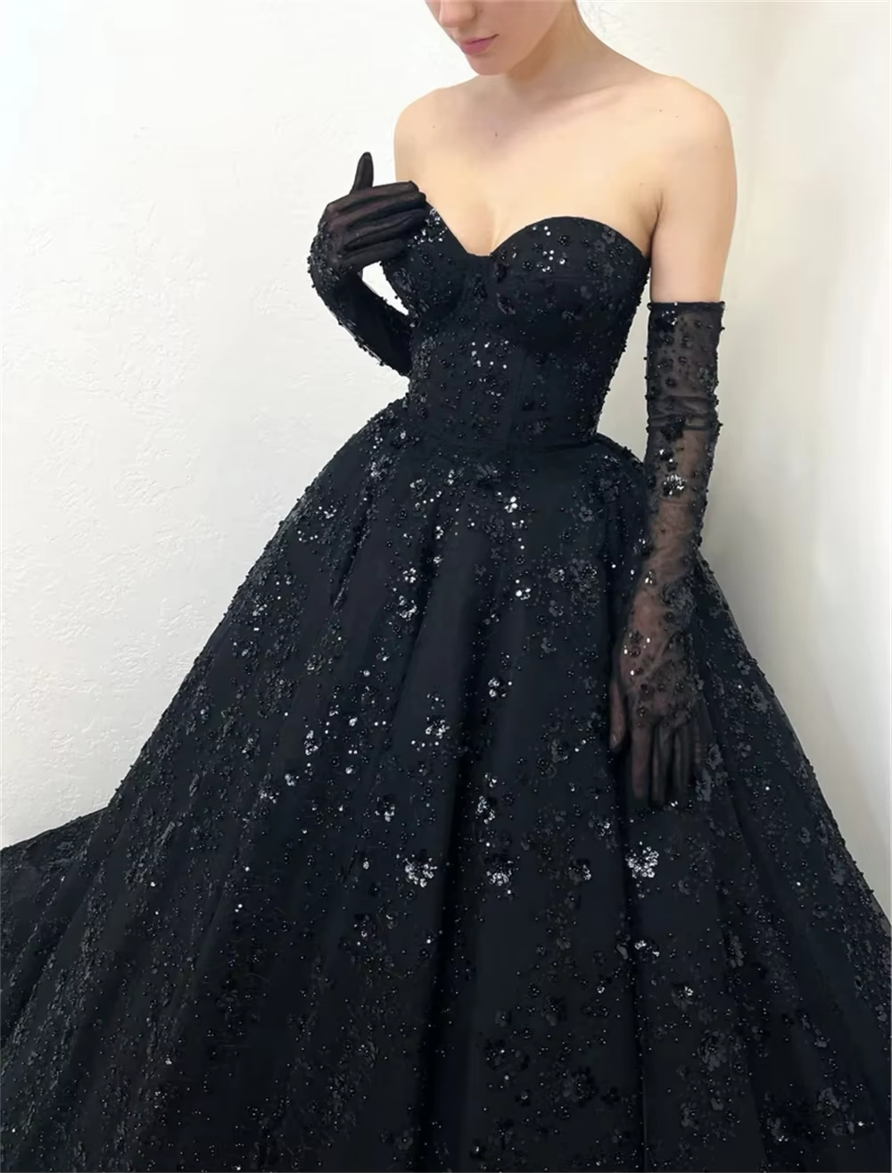 Gorgeous Shiny Lace Prom Dress Black Sweetheart Ball Gown Vestidos De Fiesta Shiny Flowert Wedding Dress