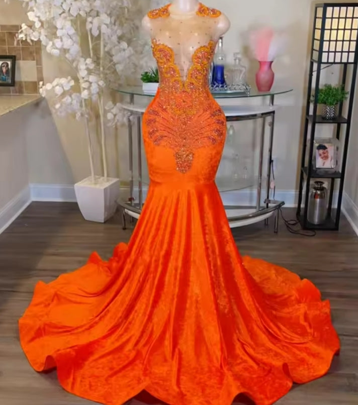 Glitter Orange Prom Dress For Black Girls 2025 Sequin Crystal African Women Evening Party Gowns Velvet Customized