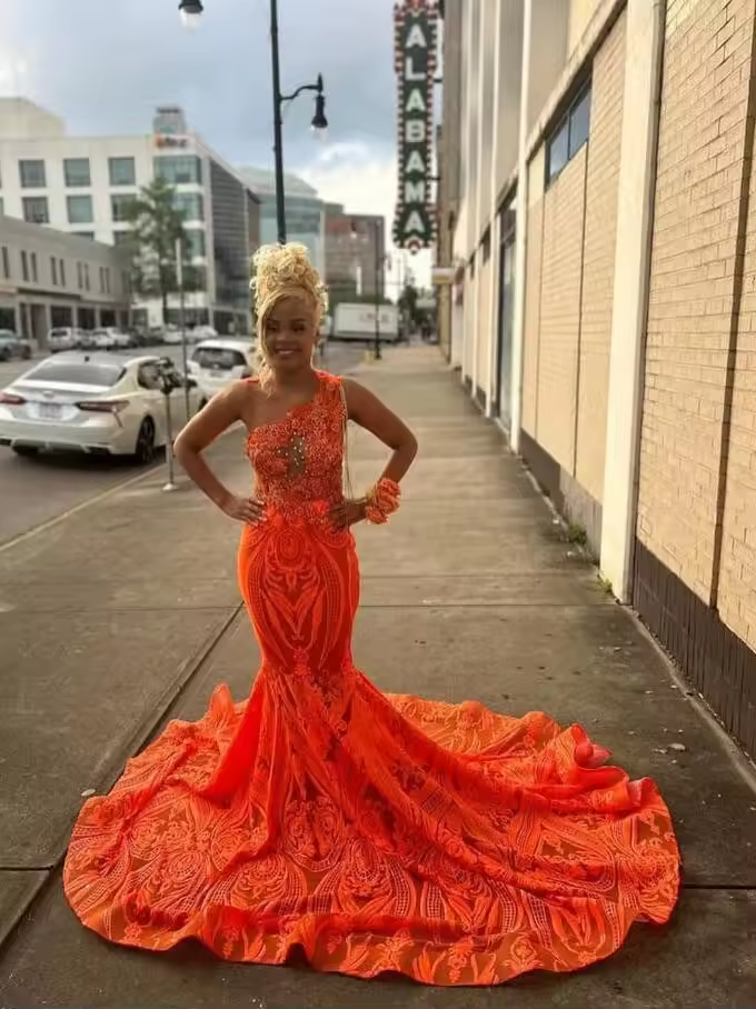 Orange Sparkly Trumpet Prom Formal Dresses for Black Girl Crystal Applique Sheer Evening Birthday Gown Sheer Mesh customsized