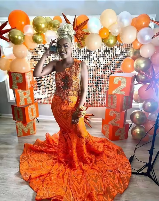 Orange Sparkly Trumpet Prom Formal Dresses for Black Girl Crystal Applique Sheer Evening Birthday Gown Sheer Mesh customsized