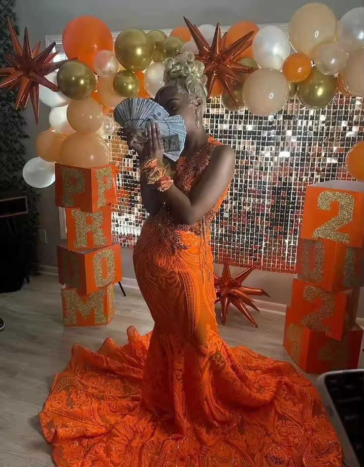 Orange Sparkly Trumpet Prom Formal Dresses for Black Girl Crystal Applique Sheer Evening Birthday Gown Sheer Mesh customsized