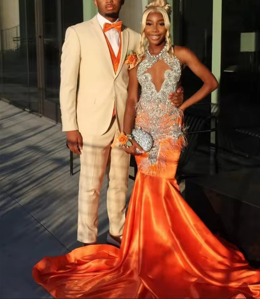 Sparkly Crystals Mermaid Long Prom Bead Diamonds Feathers Orange Birthday PartyGown For Black Girls Customized