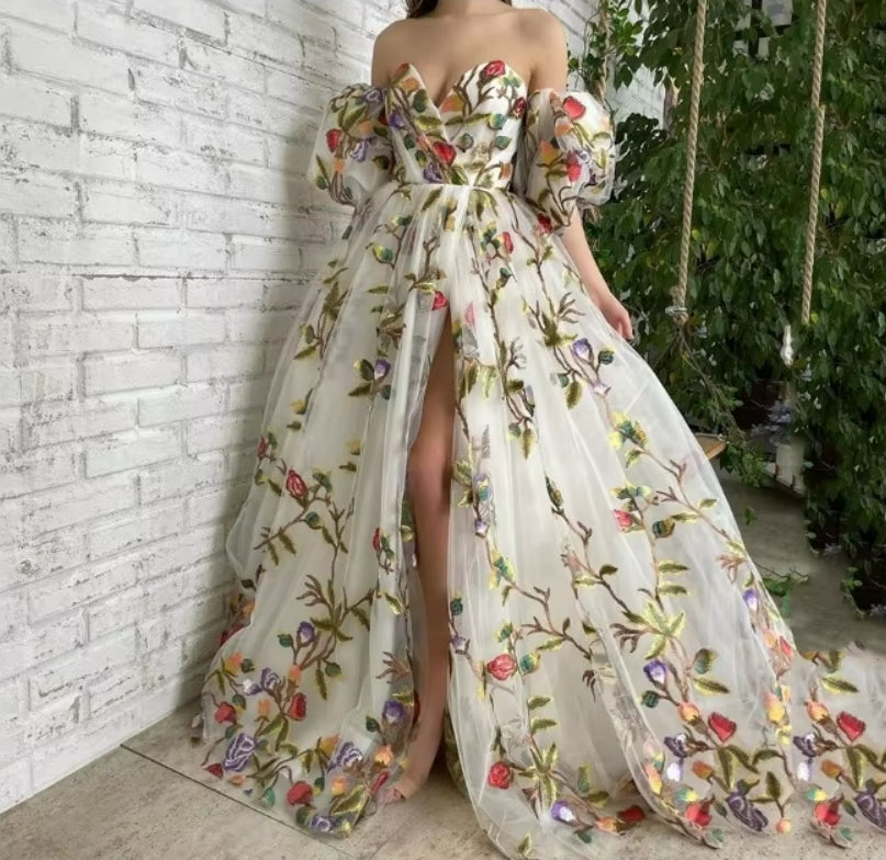 Women's Summer Dress One Shoulder Strapless Open Cut Embroidered Style Mesh Long Skirt Zipper Princess Sleeve Y2k Dresses