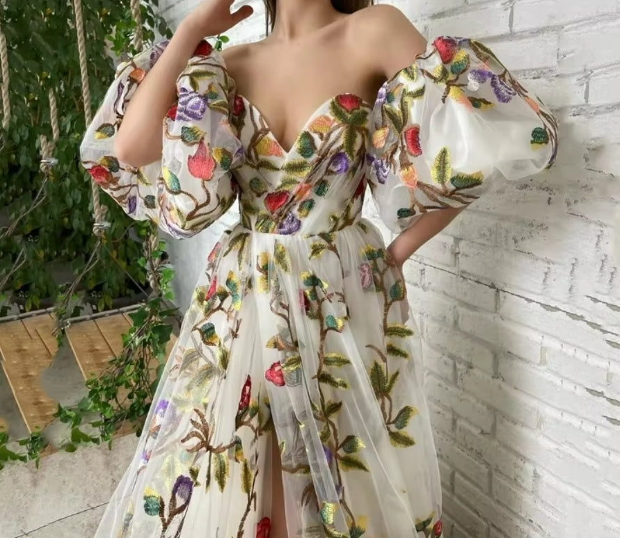 Women's Summer Dress One Shoulder Strapless Open Cut Embroidered Style Mesh Long Skirt Zipper Princess Sleeve Y2k Dresses
