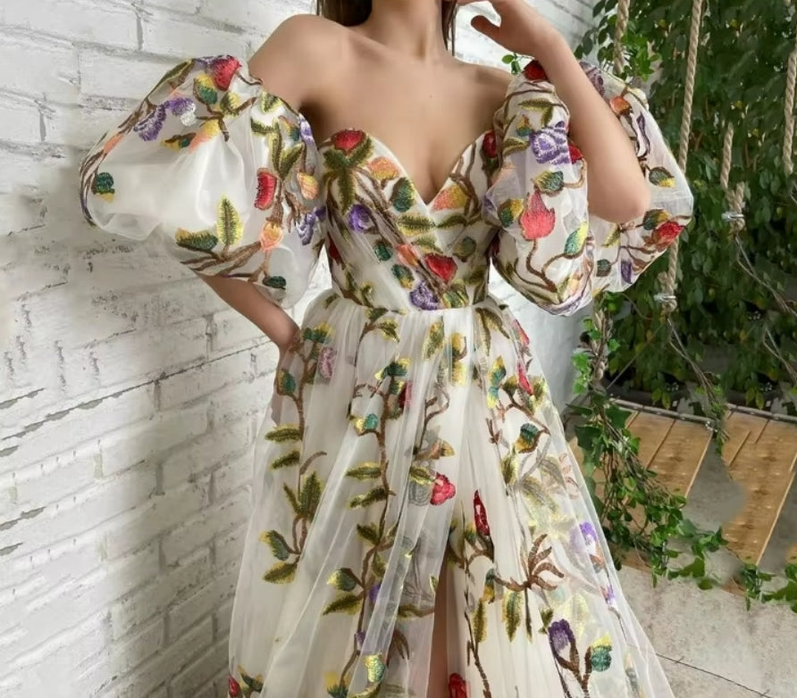 Women's Summer Dress One Shoulder Strapless Open Cut Embroidered Style Mesh Long Skirt Zipper Princess Sleeve Y2k Dresses