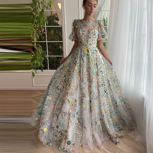Customized Elegant Embroidery Lace Appliques Prom Dresses Puff Sleeves A-Line Long Wedding Party Gowns O-Neck Evening Dress
