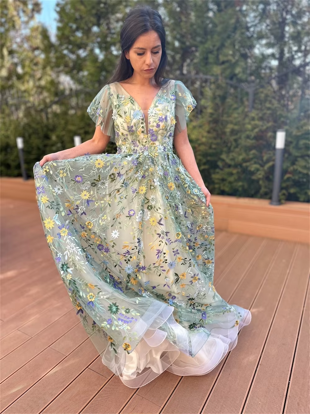 Green Lace Embroidery Tulle Prom Dresses A-line Tulle فساتين سهرة V-neck Floor-length Short Sleeves Vestidos De Fiesta