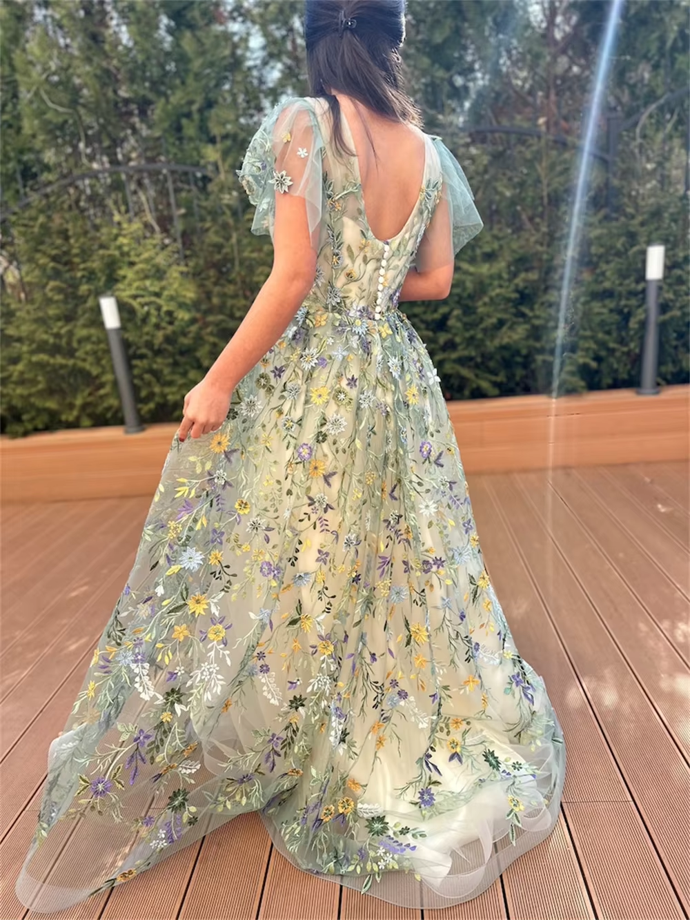 Green Lace Embroidery Tulle Prom Dresses A-line Tulle فساتين سهرة V-neck Floor-length Short Sleeves Vestidos De Fiesta