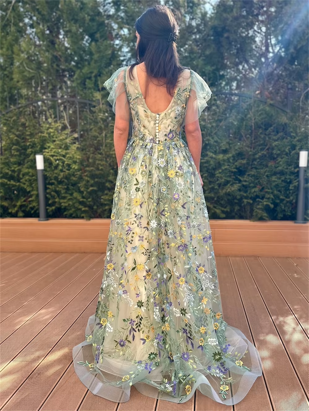 Green Lace Embroidery Tulle Prom Dresses A-line Tulle فساتين سهرة V-neck Floor-length Short Sleeves Vestidos De Fiesta