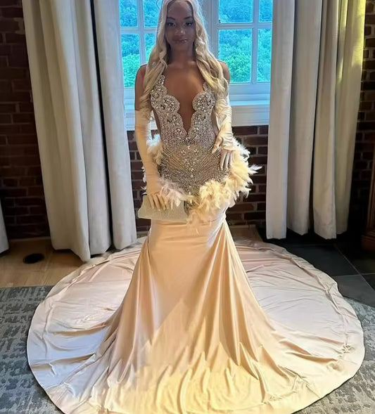 Feather Rhinestone Prom Dresses With Gloves Elegant Evening Dress For Wedding Party Mermaid Black Girls Customized