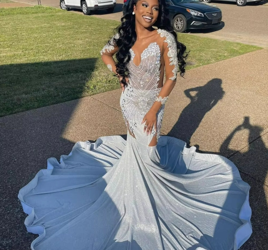 Customized Sexy Sliver Sequins Rhinestones Mermaid Prom Dress Beaded Black Girl African Evening Dress Party Gown