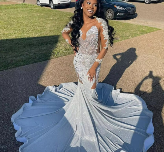 Customized Sexy Sliver Sequins Rhinestones Mermaid Prom Dress Beaded Black Girl African Evening Dress Party Gown