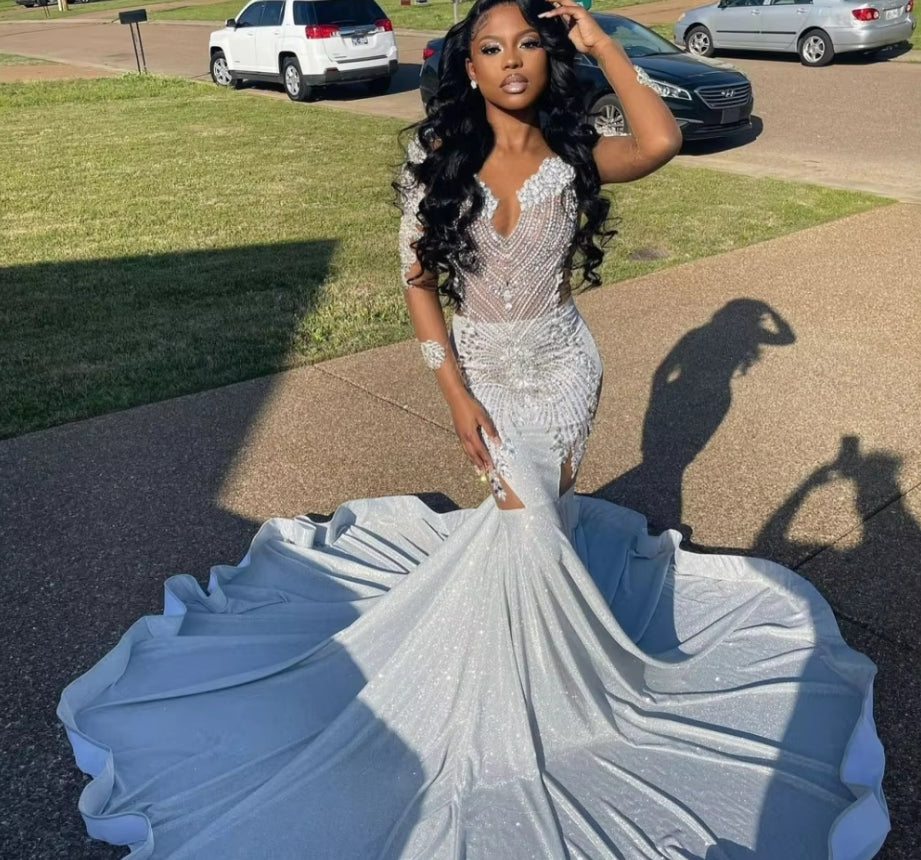 Customized Sexy Sliver Sequins Rhinestones Mermaid Prom Dress Beaded Black Girl African Evening Dress Party Gown