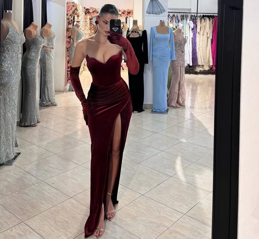Customized Long Burgundy Velvet Prom Dresses with Slit Mermaid V-Neck فساتين سهرة Floor Length Evening Dresses for Women