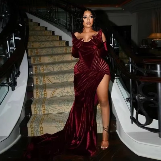 2025 Sexy Burgundy Velvet Mermaid Prom Dresses Sweep Train Sleeveless Side High Split Formal Party Gowns Customized
