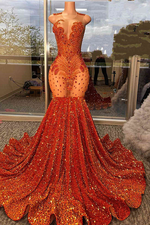 Burnt Orange Scoop Sleeveless Mermaid Ball Dress With Sequins Beadings On Sale