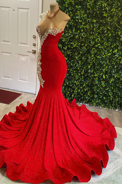 Red High Neck Sleeveless Mermaid Formal Dresses With Beadings